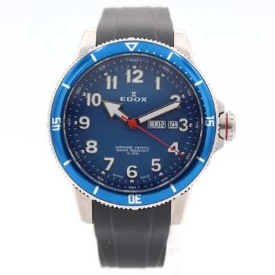 44mm Edox Chronorally S Blue Dial 84300 Swiss Quartz Day-Date Men's Wristwatch