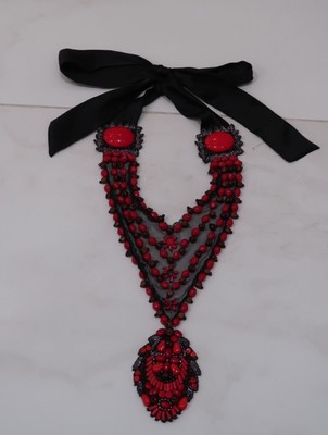 Elie Tahari Statement Necklace Black Mesh Base with Red Stones Designer Jewelry
