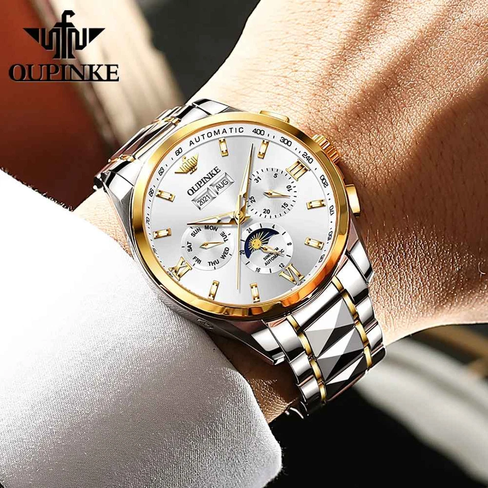 Reloj mecánico automático impermeable fase lunar esfera de lujo correa para hombre Foto 3 de 4