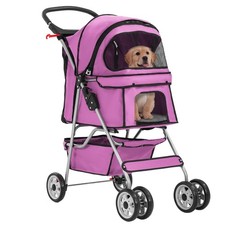 4 Wheels Folding Portable Pet Stroller Cat Dog Cage Travel Carrier with Basket
