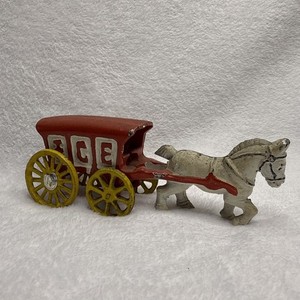 Antique Cast Iron Red Ice Wagon White Horse Drawn Cart Carriage Toy Price Import