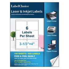 Labelchoice 100 Sheets 600 Pcs 3-1/3 x 4 6 Up Shipping Address Labels for Las...