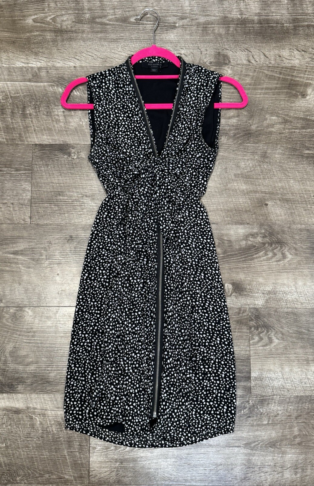 All Saints Jayda Splash Dress Black White Sleeveless Tied Front Zipper V Neck XS