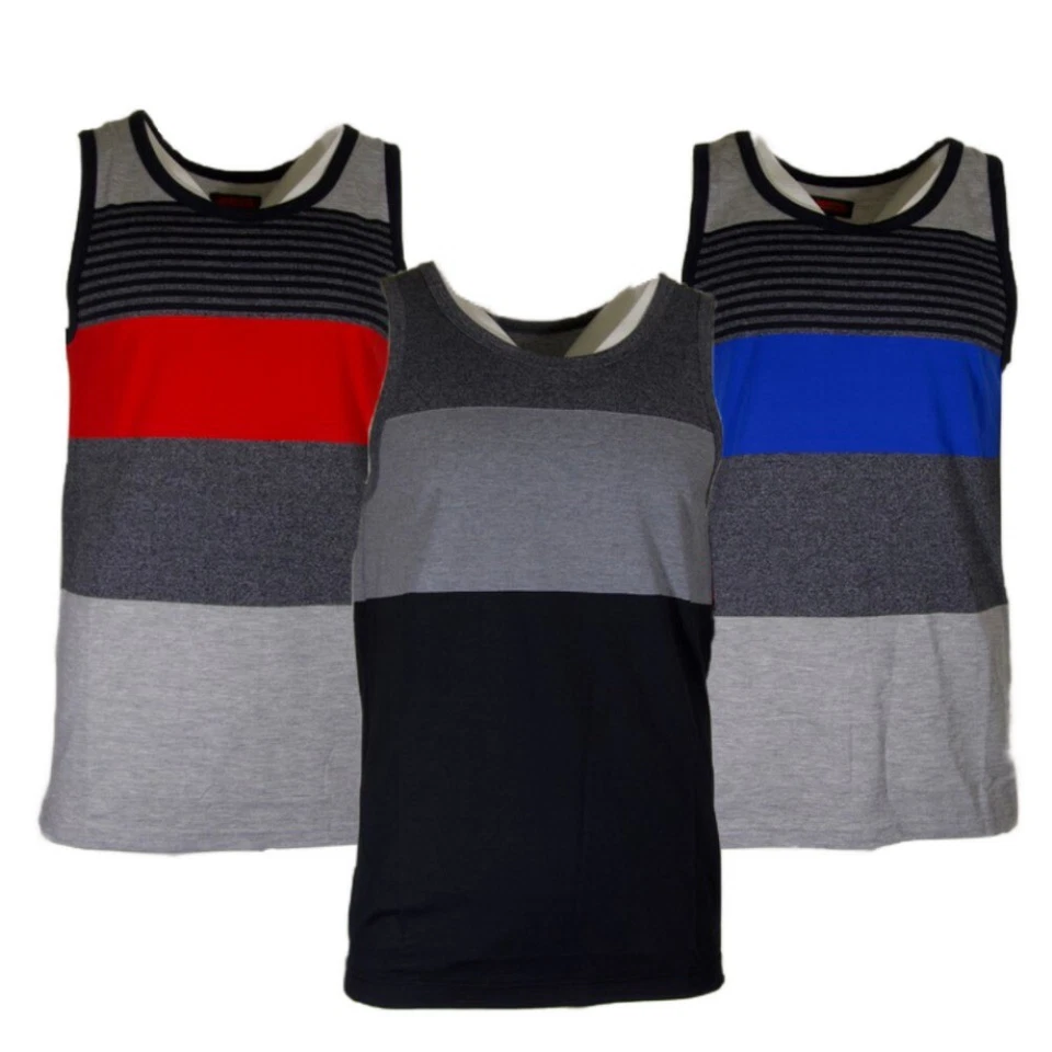 Camiseta sin mangas horizontal a rayas múltiples para hombre roja, azul, gris