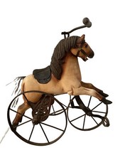 Vintage Wooden Horse Tricycle Toy Hand Carved Leather Saddle 16" Antique Folk