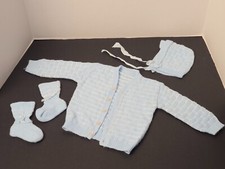 Vintage 1960s Crochet Knit Baby / Doll Layette Set Sweater, Hat  Booties Blue