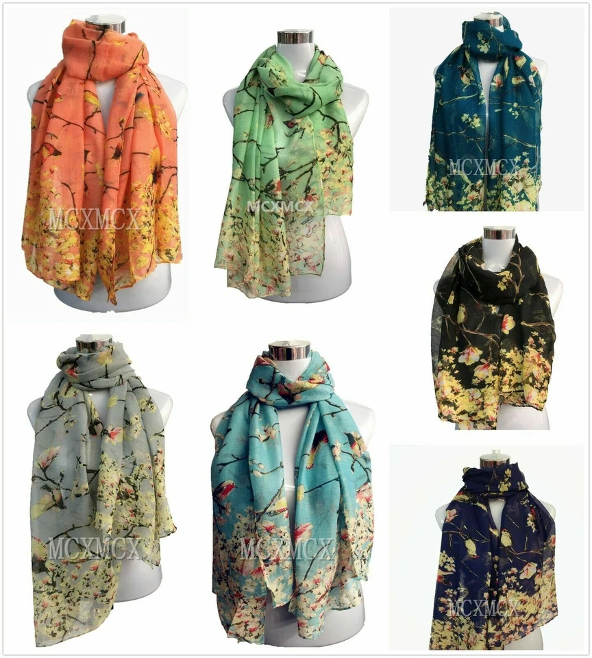 Women Ladies Long Fashion Bird Sparrow Tree Pattern Shawl Scarf Scarves Stole