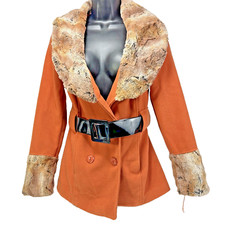 Lola Double Breasted Belted Pea Coat Size S Orange Faux Fur Black Belt Small