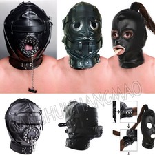 PU Leather Bondage Head Hood Harness Lockable Riding Hood Mask Mouth Gag Plug SM