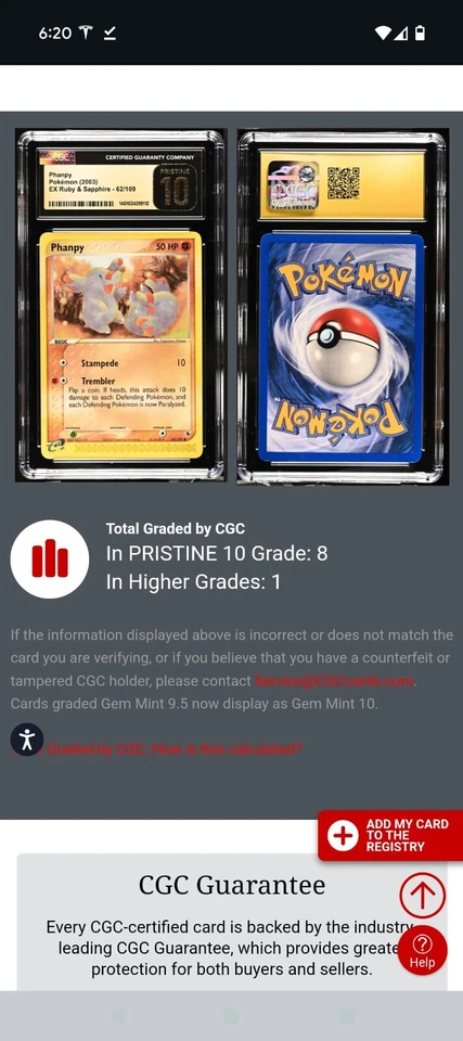 (POP 8) CGC 10 PRISTINE Phanpy 62/109 ex Ruby Sapphire 2003 Pokémon Card - Image 4 of 4