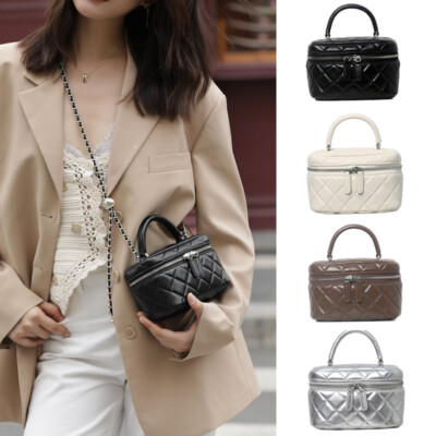 Mini Quilted Real Leather Vanity Case Box Purse Clutch Tote Shoulder Bag Chains