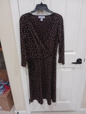 Nine West Womens Brown Multi Polka Dots Waist Wrap Front Dress Sz Large 3/4 Slee