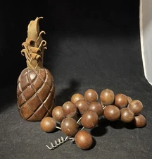 Mid Century Modern Carved Wood Fruits Pineapple Grapes Set Of Two