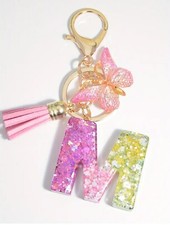 KEYRING M Key Chain Butterfly Gold  Pink Bag Charm Tassel Keyring Holder A100