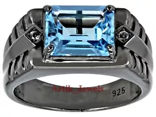 Natural Blue Topaz & CZ With Black Rhodium Plated Silver Ring for Men's #735