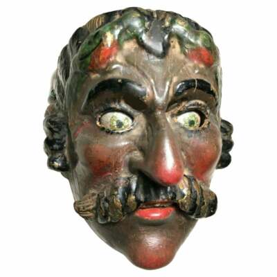 RARE Antique Guatemalan Wooden Dance Mask Patina Spinning Glass Eyes AP Morería!