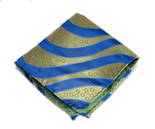 Umberto Algodon Gold Blue Ribbon Stripe Silk Pocket Square $75 Retail New - Picture 3 of 3