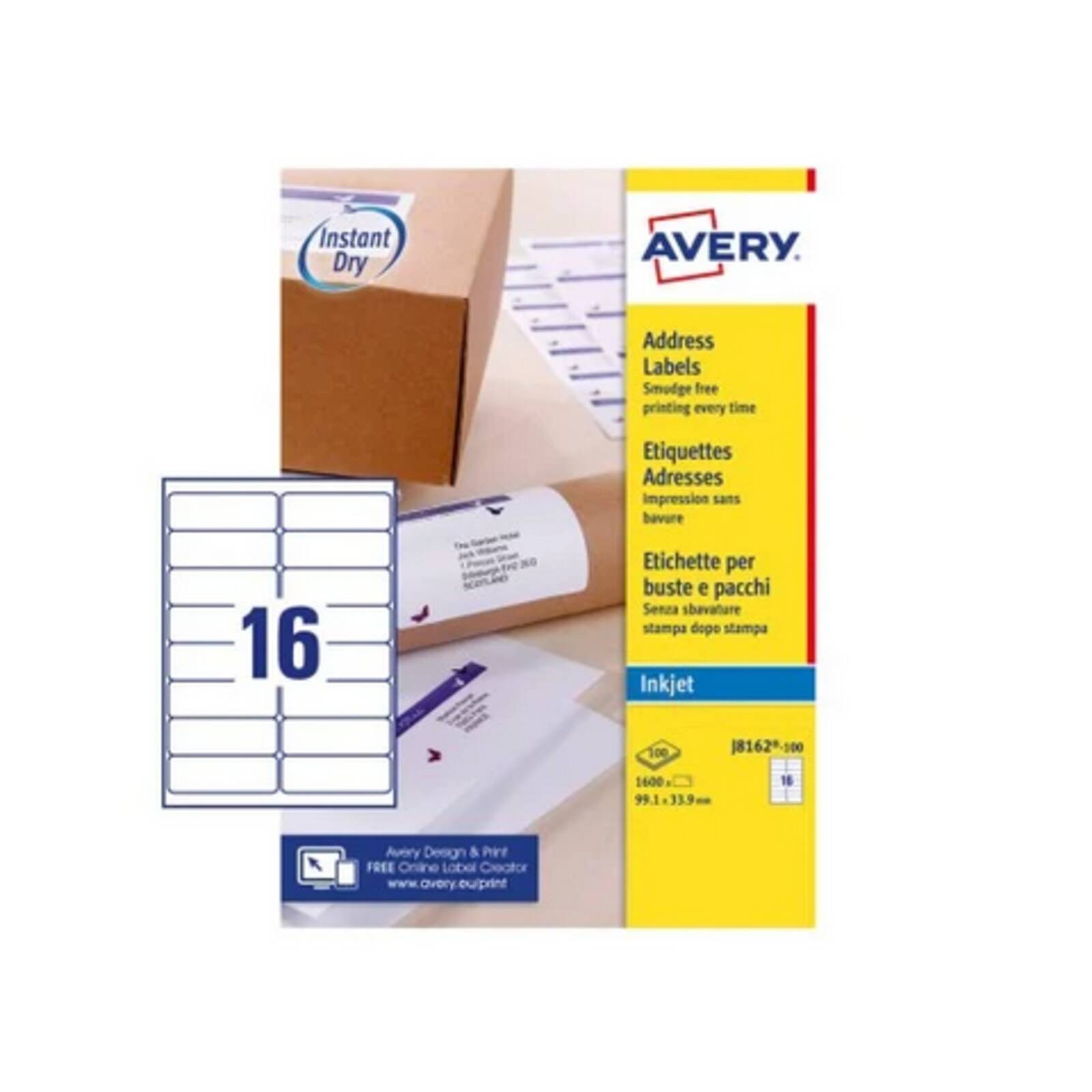 Avery Inkjet Address Label 99x34mm 16 Per A4 Sheet White (Pack 1600 Labels) J816