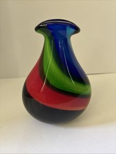 Vintage Murano Cased Art Glass Vase,  w/ Multi-colored Lines