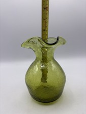 Vintage Green Crackle Glass Vase Approx. 5 Tall Wavy Top