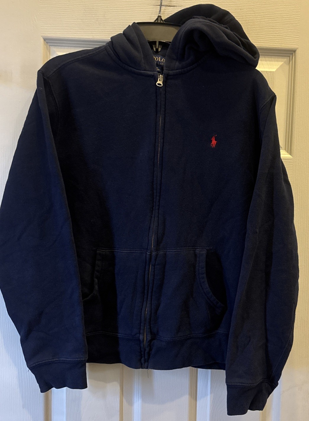 Polo Ralph Lauren felpa con cappuccio e zip blu navy con pony rosso ragazzo XL 18 20 circonferenza petto 40
