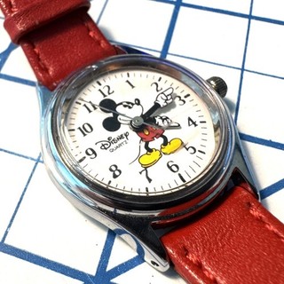 Vintage Disney “Time Works” Mickey Mouse Watch Red Leather Band. Needs battery.