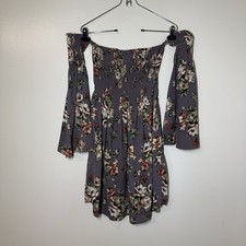 Peach Love California Gray Floral Bell Sleeve Off the Shoulder Dress Size Small