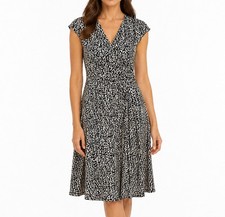Lauren Ralph Lauren Dress 2 Black Cream Abstract Faux Wrap Ruched Stretch Career