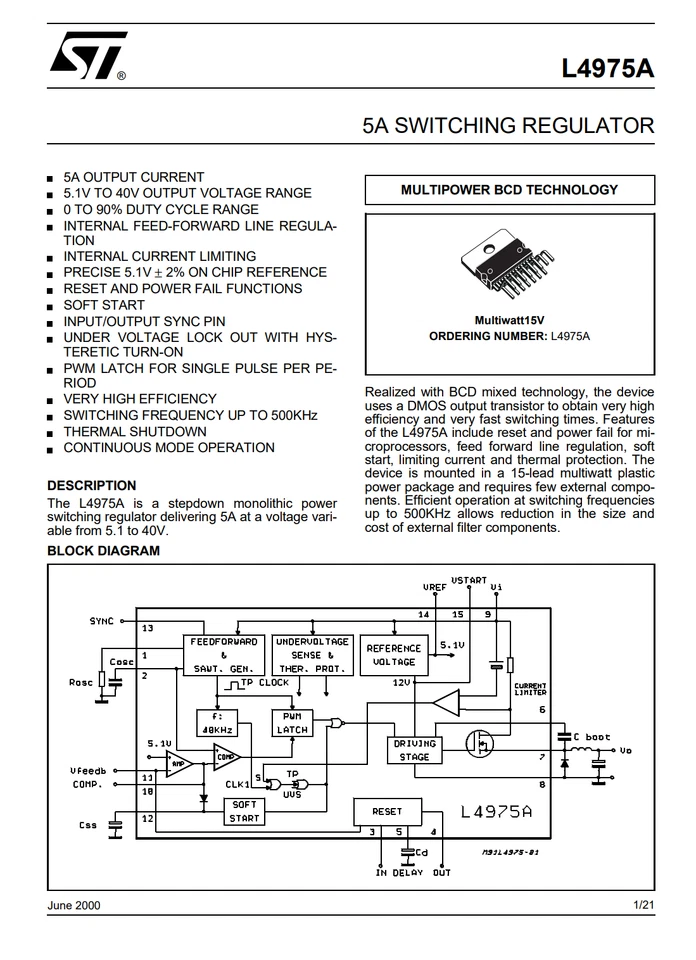 L4975A ST 5A Step-Down Switching Regulator 5-40V Multiwatt-15 Buck Through-Hole - Image 3 of 4