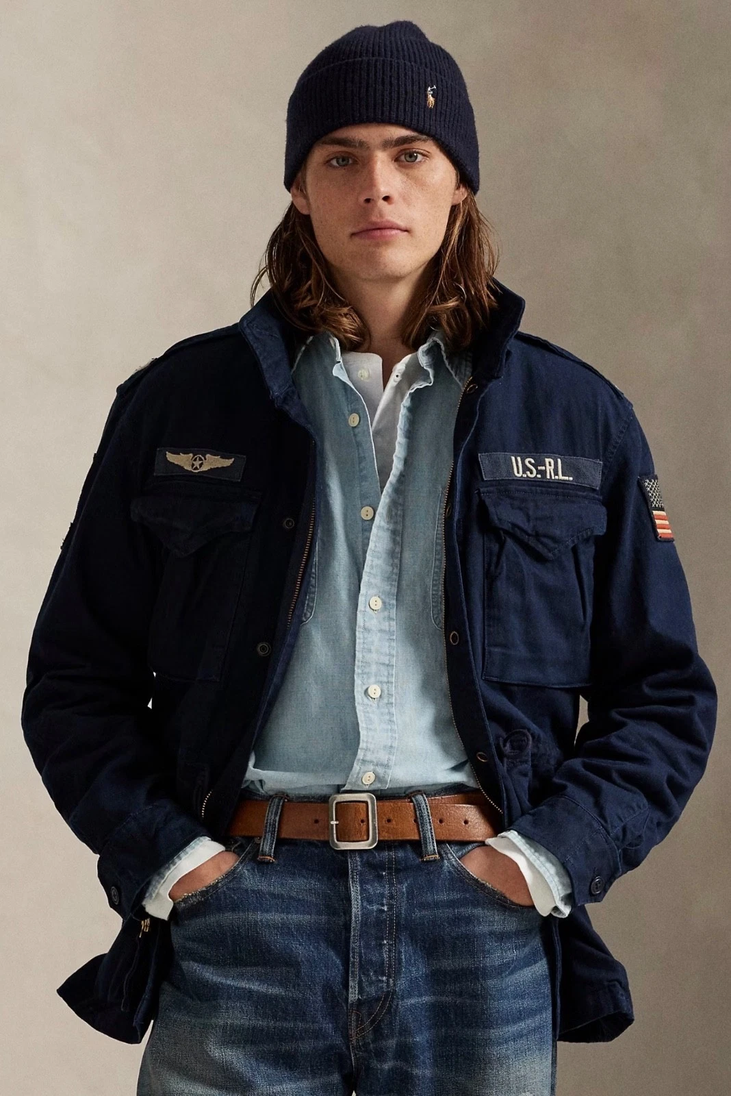 NWT Polo Ralph Lauren Navy Blue Herringbone MILITARY Patch Iconic Field Jacket - product detail image 2
