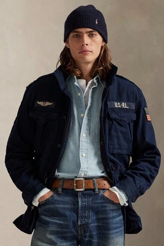 NWT Polo Ralph Lauren Navy Blue Herringbone MILITARY Patch Iconic Field Jacket image 2