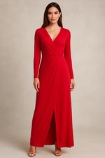 Red Long Sleeve Faux Wrap Dress