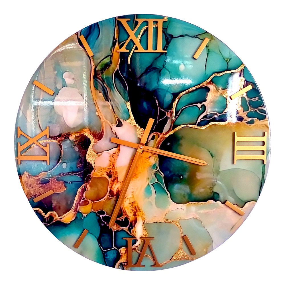 Wall Clock in Resin 60Cm Handmade Turquoise Green Gold Made in Italy