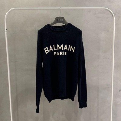 BALMAIN Navy Logo Sweater Unisex Casual Knit With Minor Hole