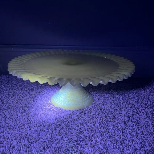 VTG Fenton White Hobnail 12.5" Milk Glass Pedestal Cake Plate Manganese Glow