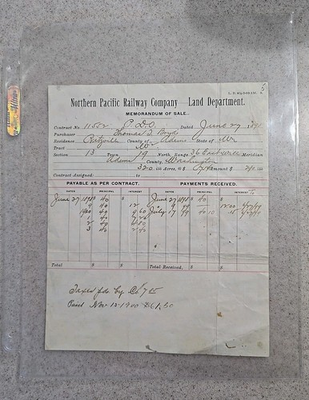 #ad 1898 Northern Pacific Railway Land Sale Memorandum Washington State $79.99