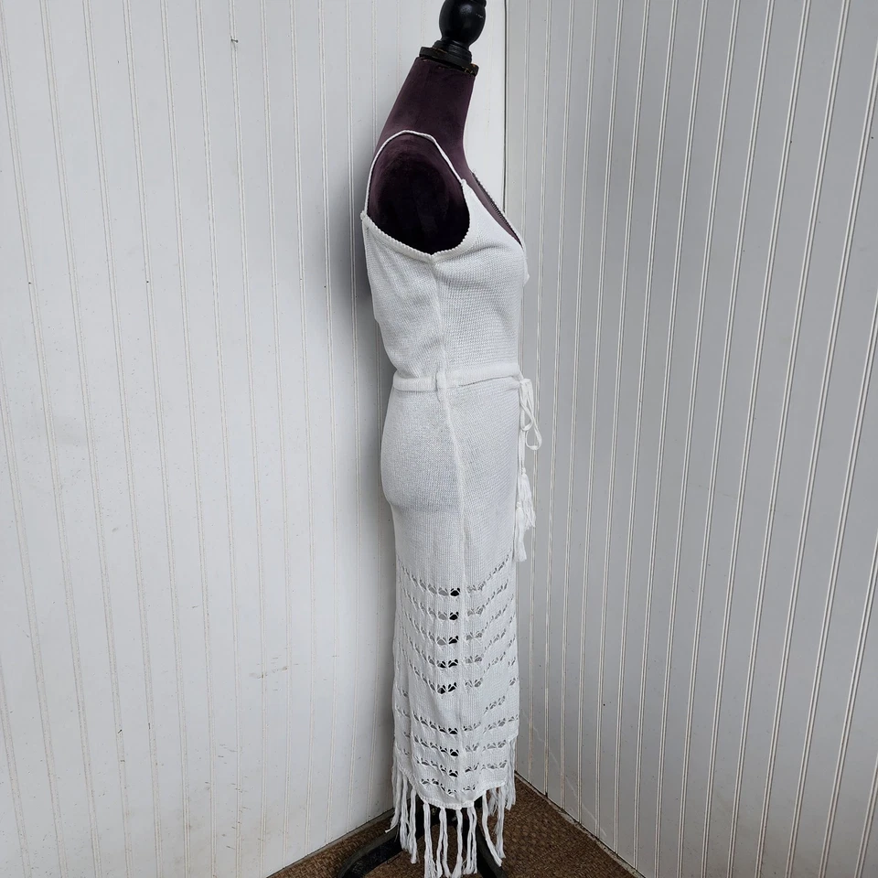Crochet Knit Maxi Long Dress Cover Up Beach Vacation White Fringe 2XL - Image 4 of 4