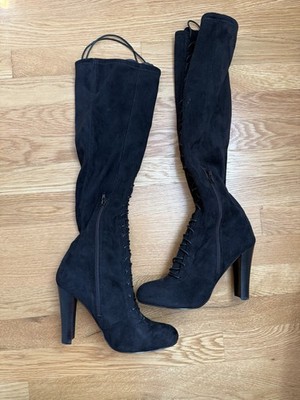 Womens Designer Steve Madden 7M Black Suede Lace Up Knee High Boots Block Heel 