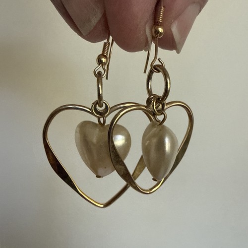 VTG Faux Heart Shaped Pearl Drop/Heart Shaped Gold Tone Cage Hook Close 2"