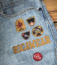 Y2K Baggy Rocawear A22 Denim Jeans Embroidered Badge Patches Size 42W 34L