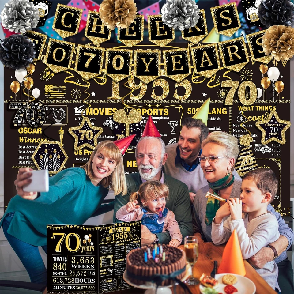 Decoraciones de cumpleaños 70 para hombres mujeres, 16 piezas en 1955 banner de fiesta decorati Foto 3 de 4