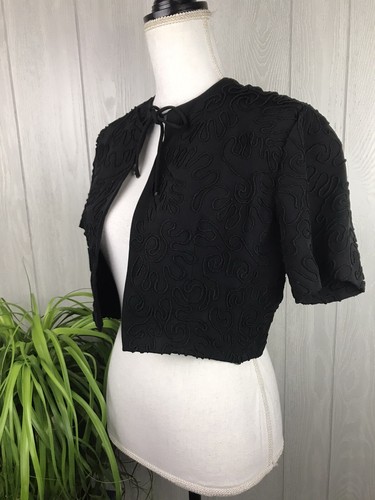 Vintage Frank Usher Jacket Black Raised Pattern Tie Front Cropped Size S/M - Picture 3 of 10