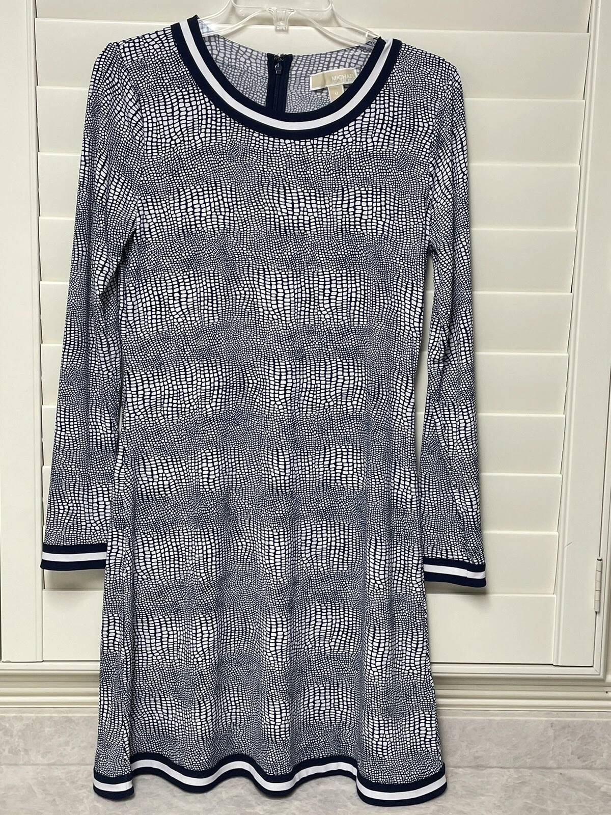 Mini abito donna Michael Kors medio bianco navy maniche lunghe stampa animalier zip