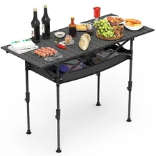 Camping Table Grill Table w/ Table Extension Board Adjustable Height for Outdoor