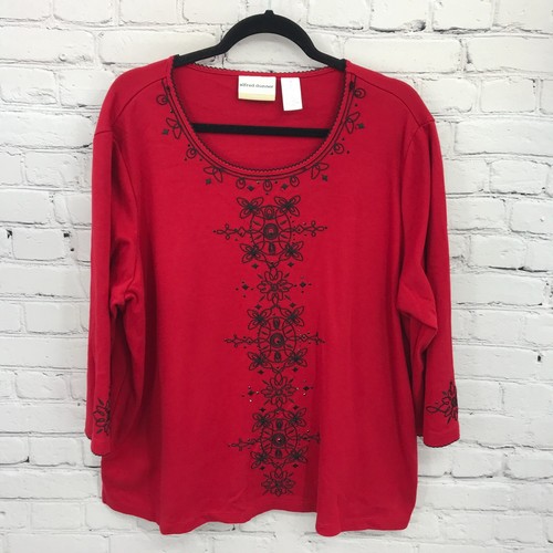 Alfred Dunner Top Damen 2X rot Blumen Perlen bestickt 3/4 Arm Bluse