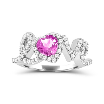 Created Pink & White Sapphire ''LOVE'' Monogram Ring in Sterling Silver