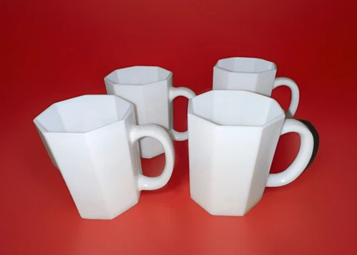 4 Vintage Arcopal Arcoroc Octagon Octime White Mugs Cups
