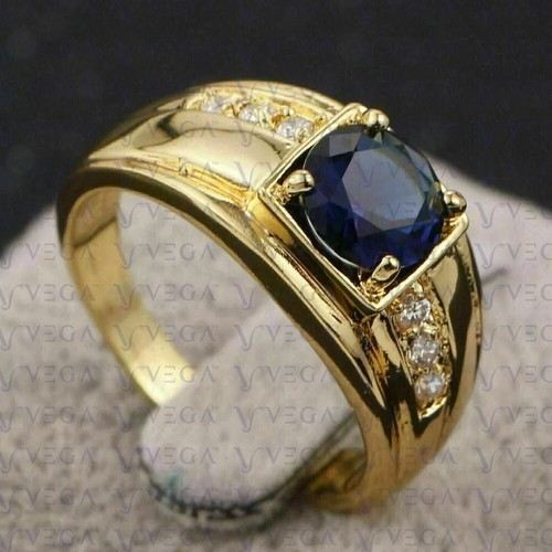 4.40CT Round Cut Sapphire & Diamond Engagement Men's Ring 14K Yellow Gold Over - Picture 3 of 5