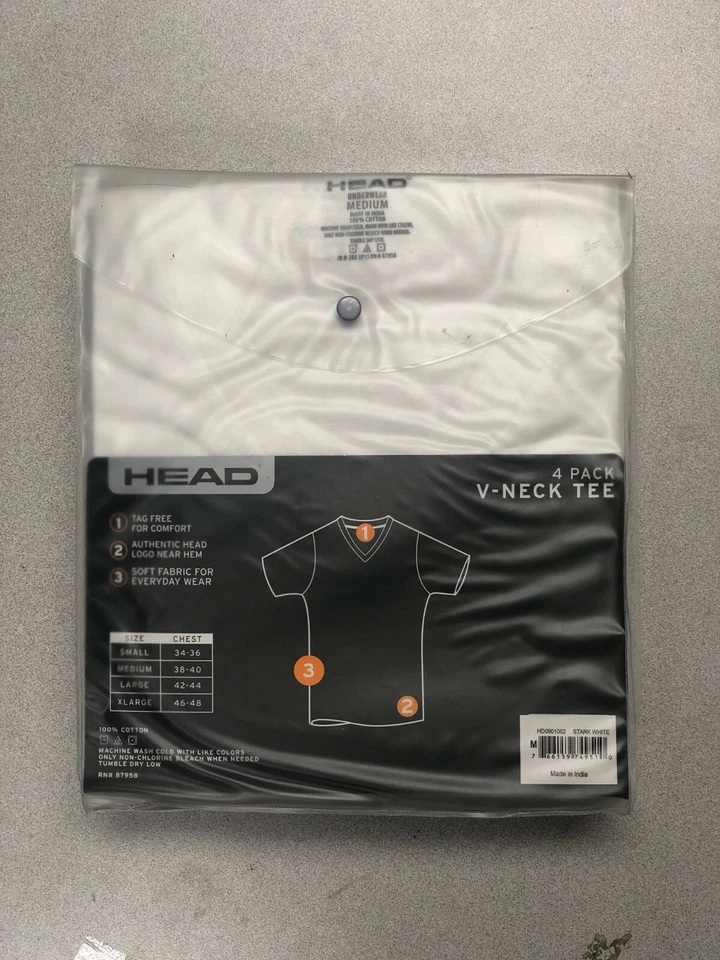 Paquete de 4 camisetas interiores de algodón clásicas talla S, M con cuello en V HEAD blancas nuevas con cuello en V para hombre Foto 2 de 2