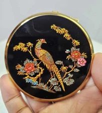 Vtg Stratton Powder Compact w/ Mirror Goldtone Oriental Pheasant Bird floral- B6